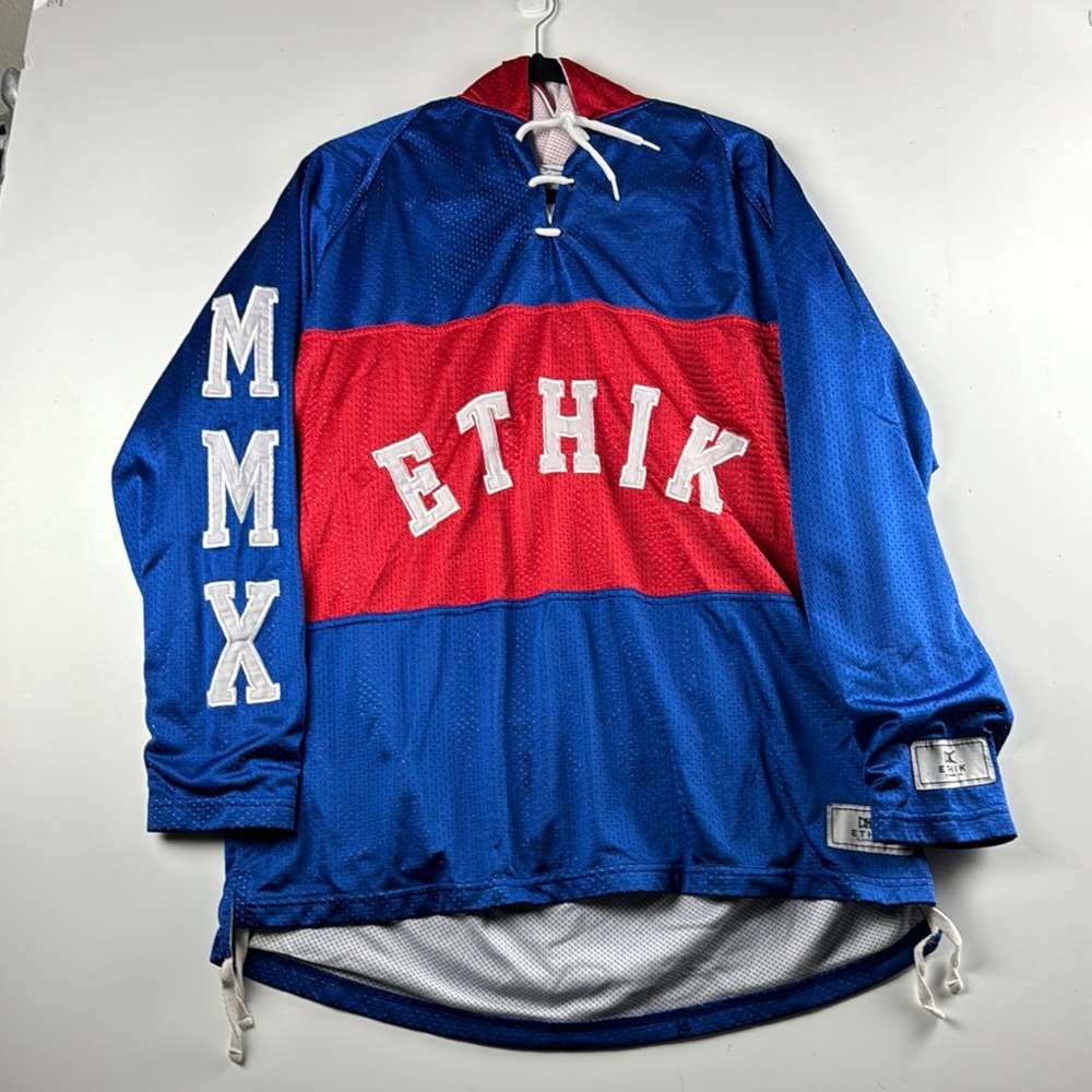 Ethik Blue & Red hooded jersey sz L MMX GRAPHIC EUC